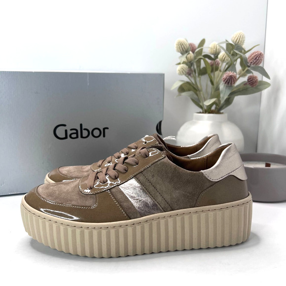 Gabor 53.203.14 Patent Leather/Suede Sneakers Lace-Up Metallic/Tan Women 9 NWB - Picture 1 of 13